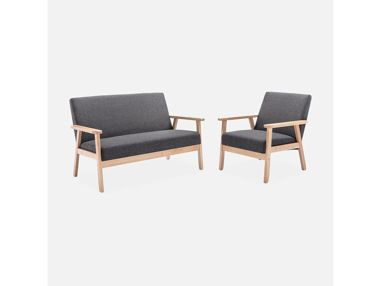 Banquette et fauteuil en bois et tissu gris foncé. Isak. L 114 x l 69.5 x H 73cm