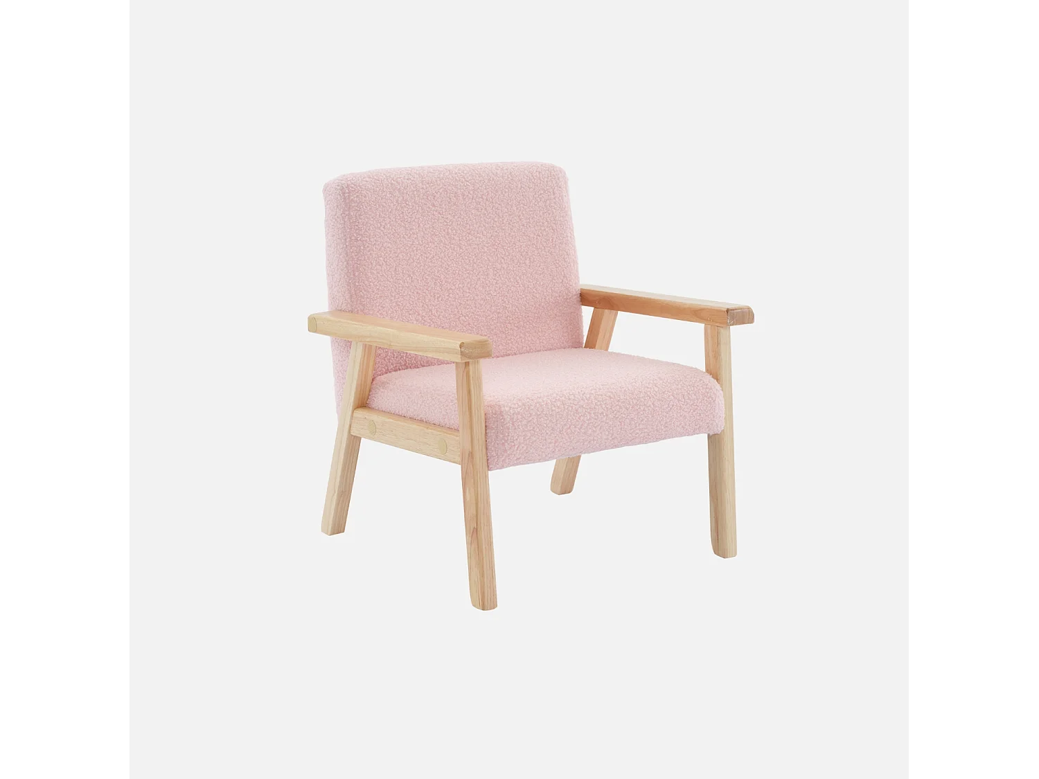 Fauteuil enfant en bois et tissu bouclette rose. ISAK L 47 x P 43.5 x H 50cm