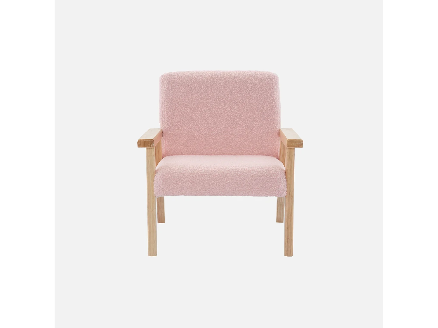 Fauteuil enfant en bois et tissu bouclette rose. ISAK L 47 x P 43.5 x H 50cm