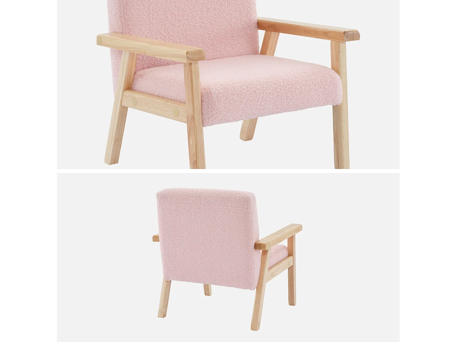 Fauteuil enfant en bois et tissu bouclette rose. ISAK L 47 x P 43.5 x H 50cm