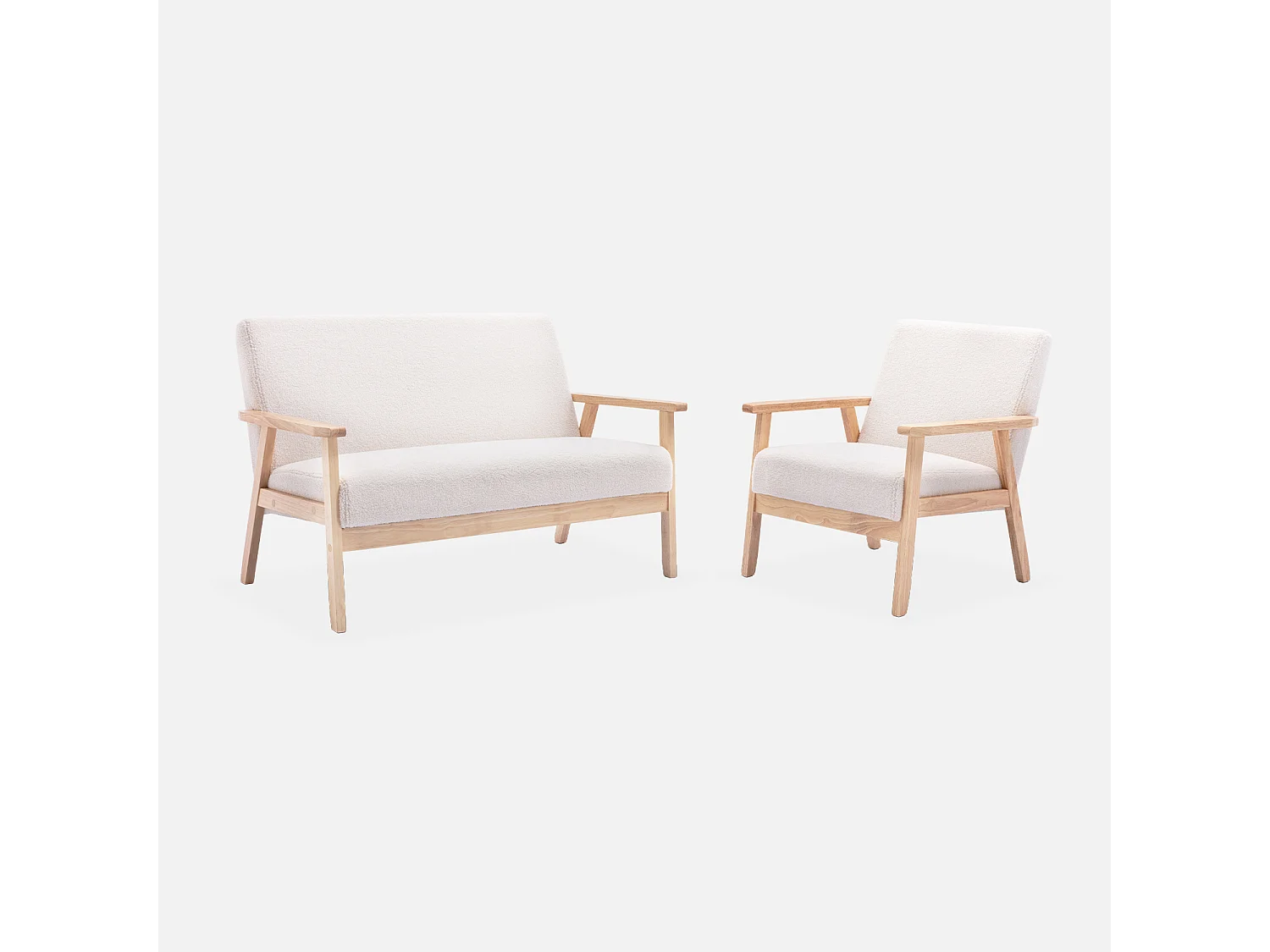 Panca e poltrona a 3 posti in legno e tessuto, bouclé bianco