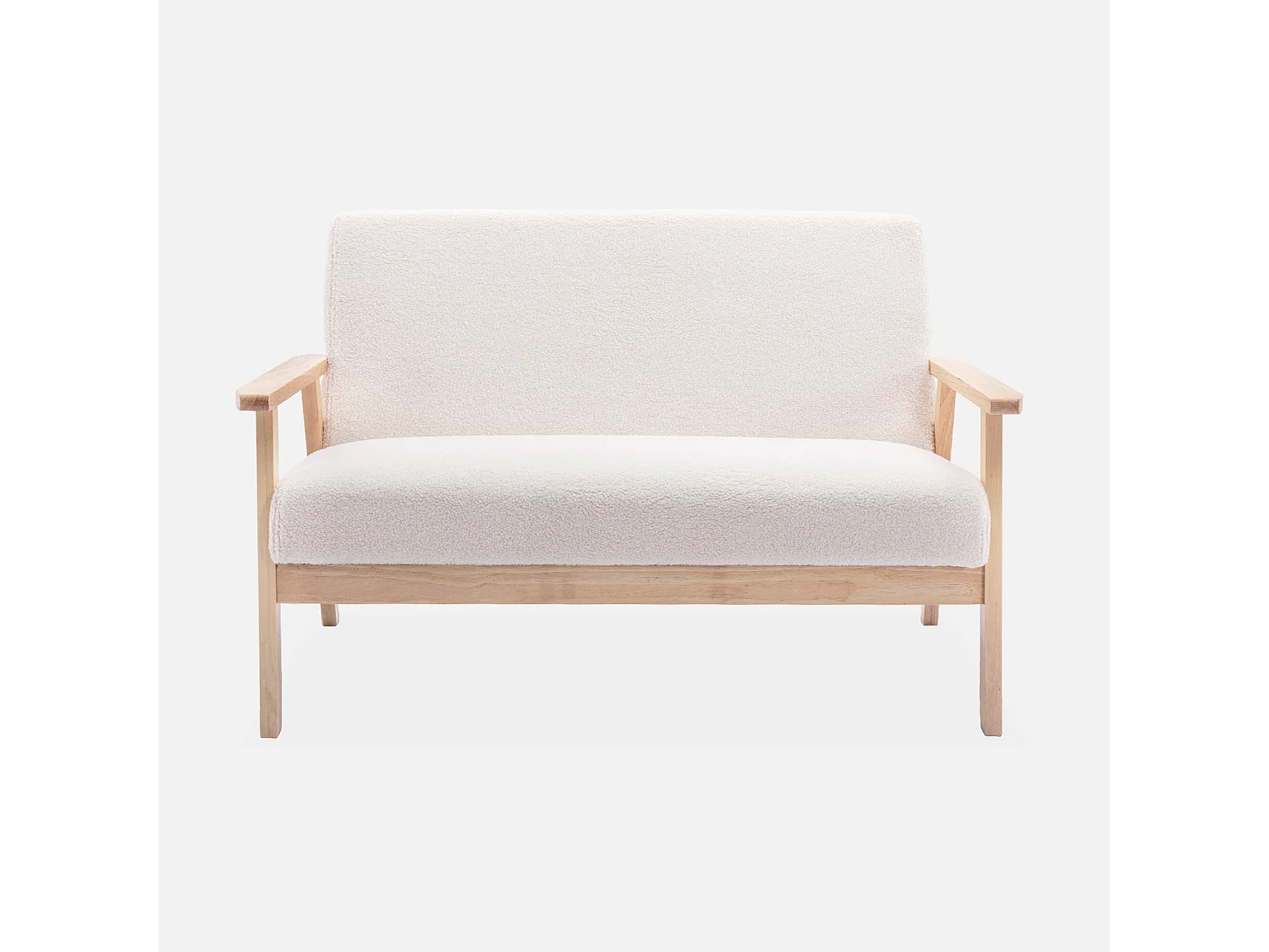 Panca e poltrona a 3 posti in legno e tessuto, bouclé bianco