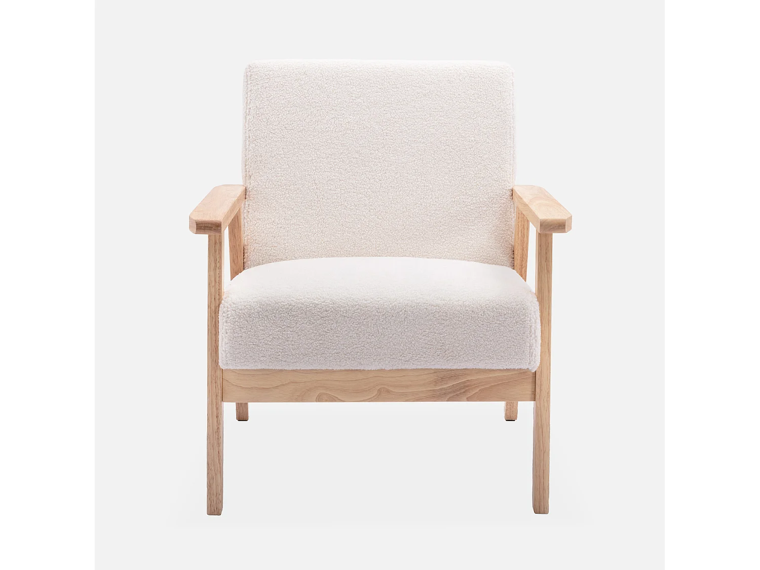 Panca e poltrona a 3 posti in legno e tessuto, bouclé bianco