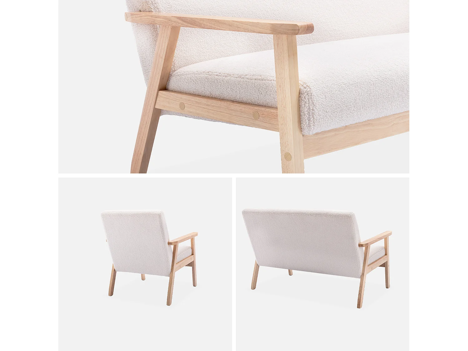 Panca e poltrona a 3 posti in legno e tessuto, bouclé bianco