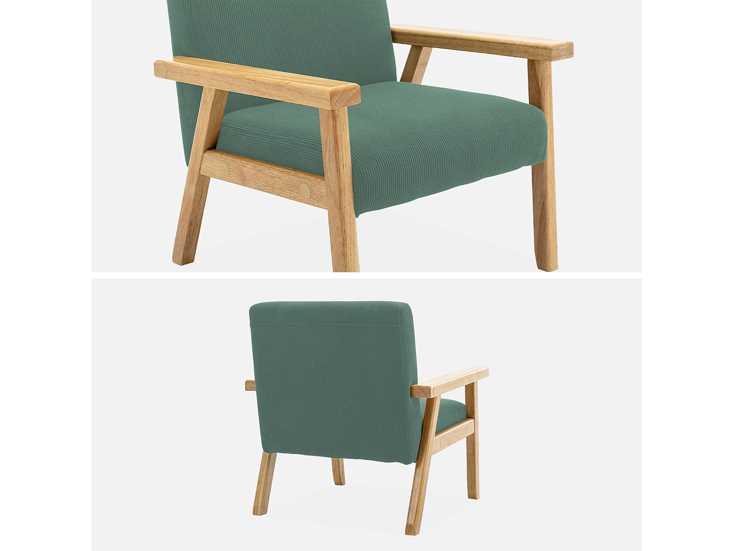 Fauteuil enfant en bois et velours côtelé kaki. ISAK L 47 x P 43.5 x H 50cm