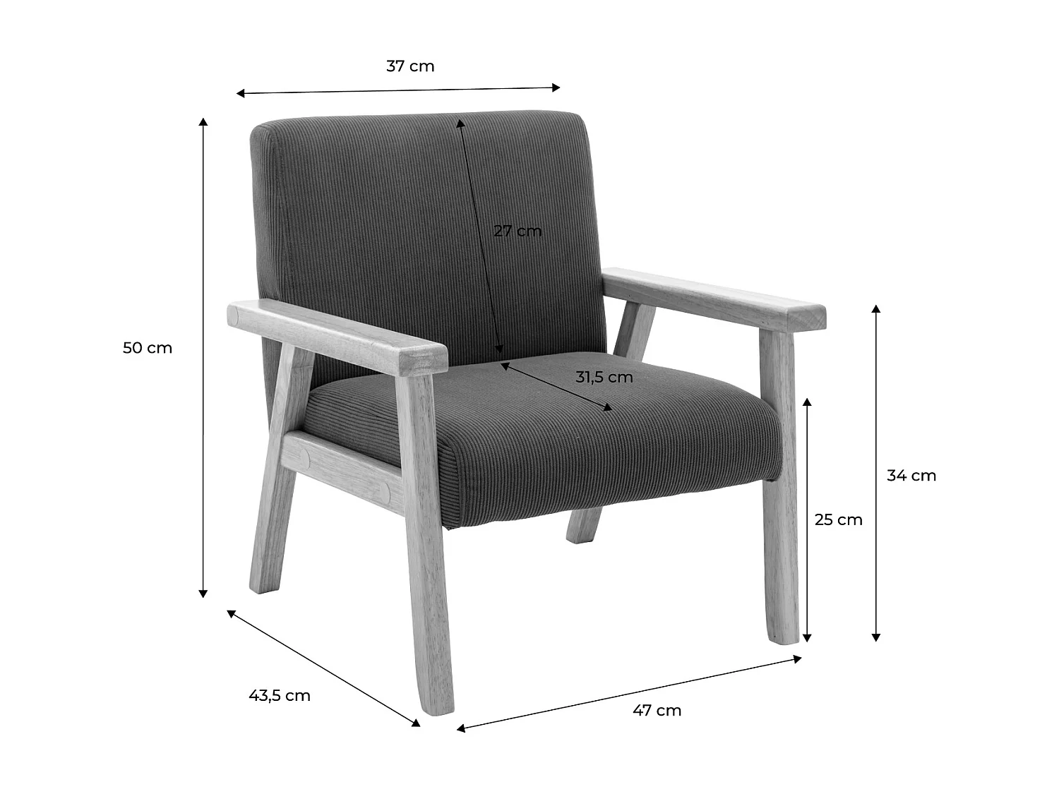 Fauteuil enfant en bois et velours côtelé kaki. ISAK L 47 x P 43.5 x H 50cm