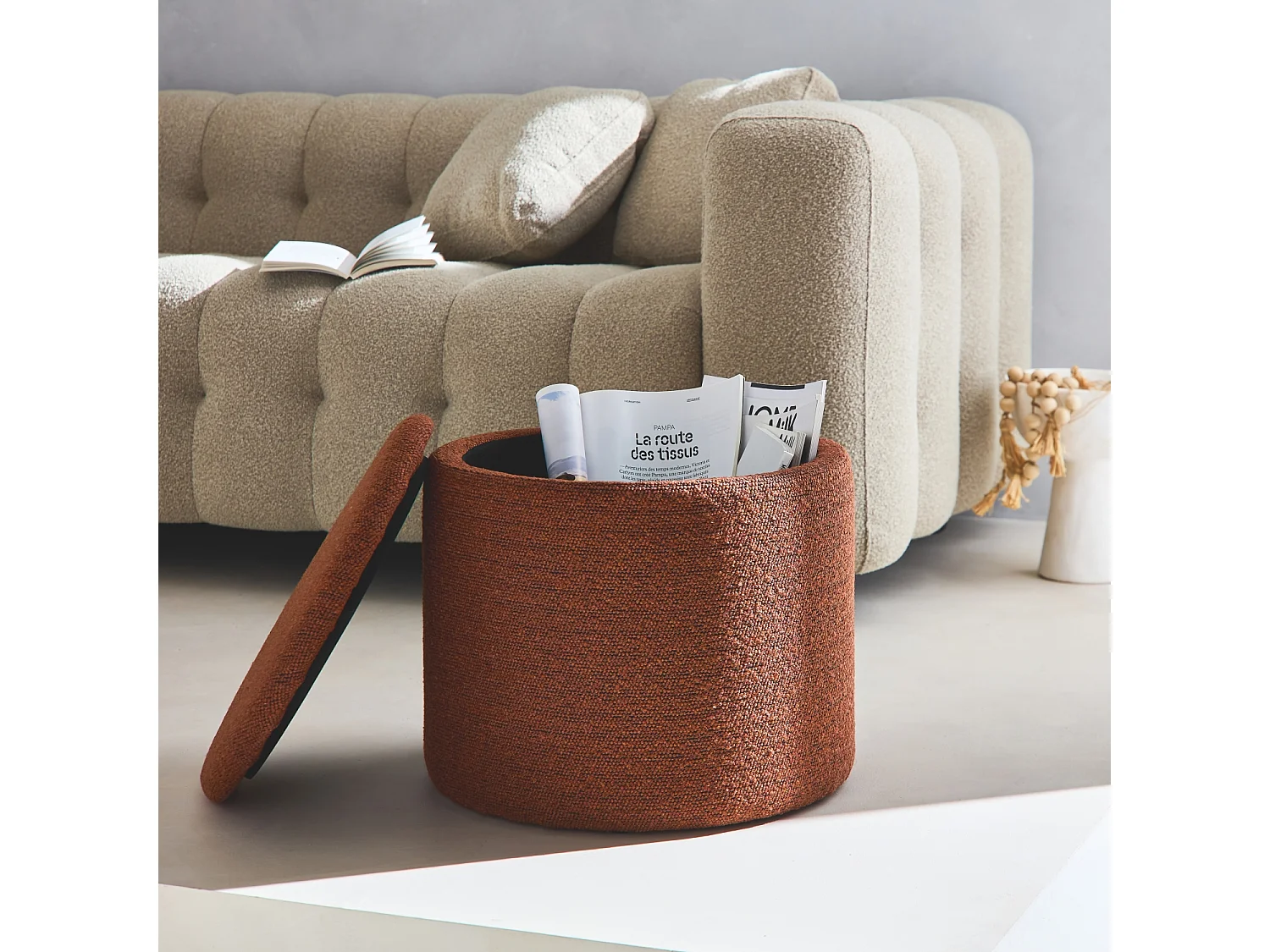 Pouf in tessuto con contenitore, terracotta