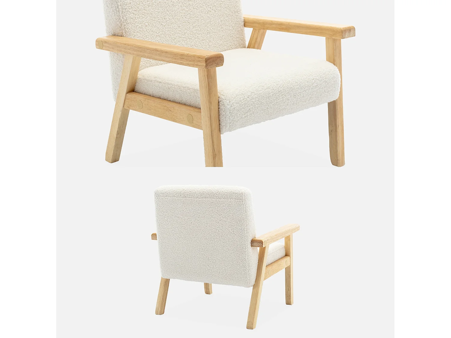 Poltrona scandinava per bambini in legno di hevea e tessuto bouclé,
