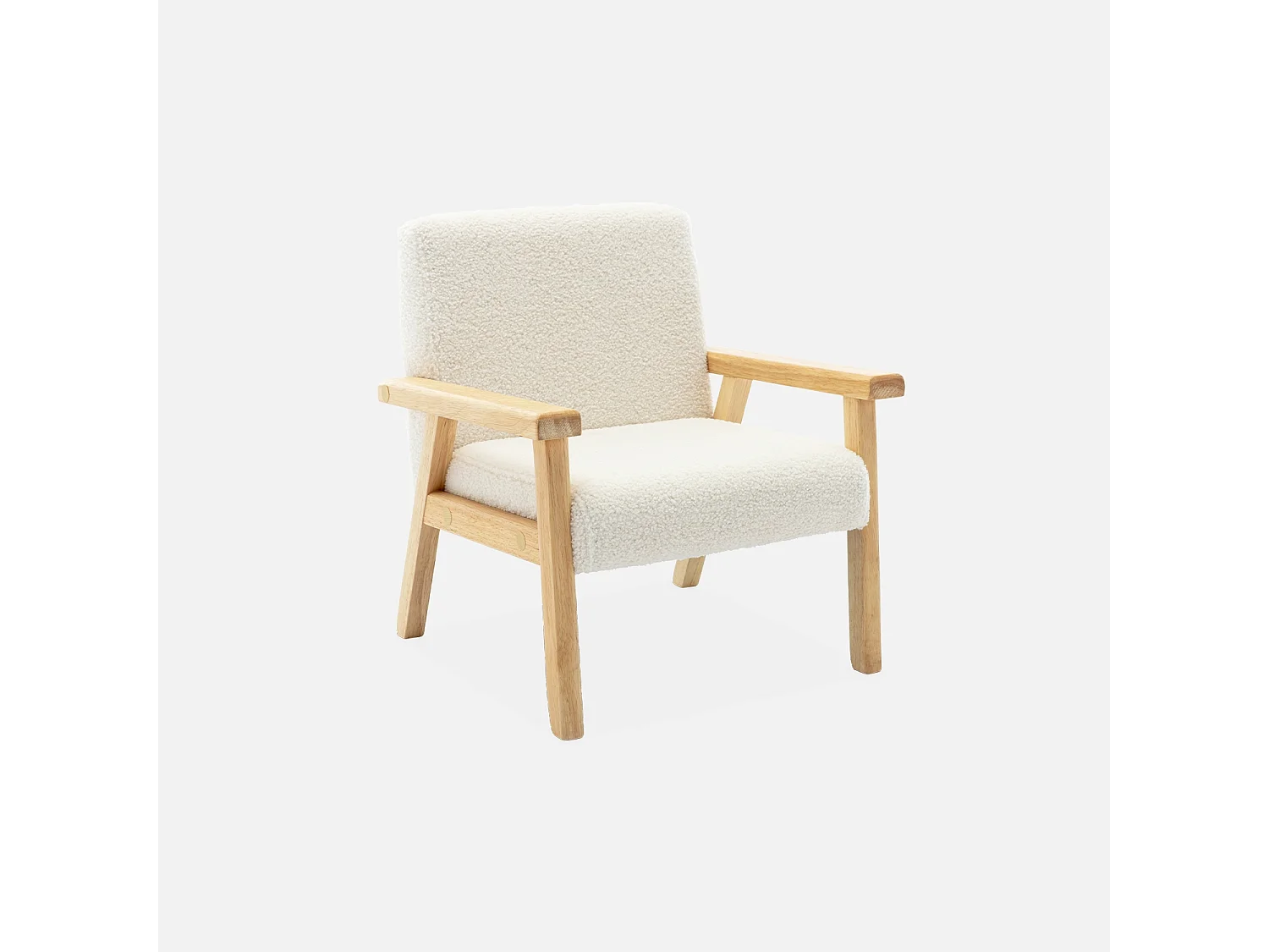Poltrona scandinava per bambini in legno di hevea e tessuto bouclé,