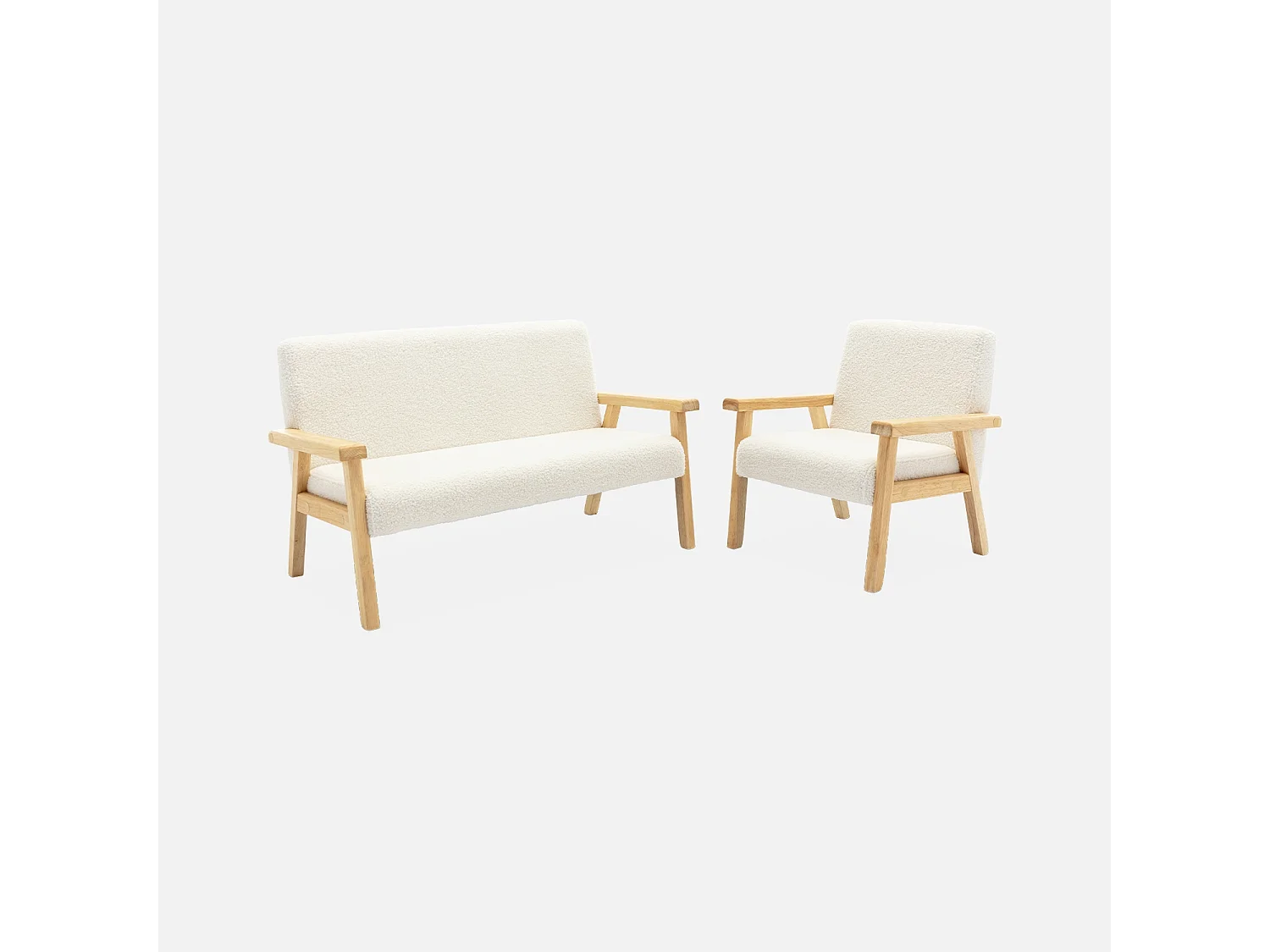 Poltrona scandinava per bambini in tessuto bouclé e legno di hevea,