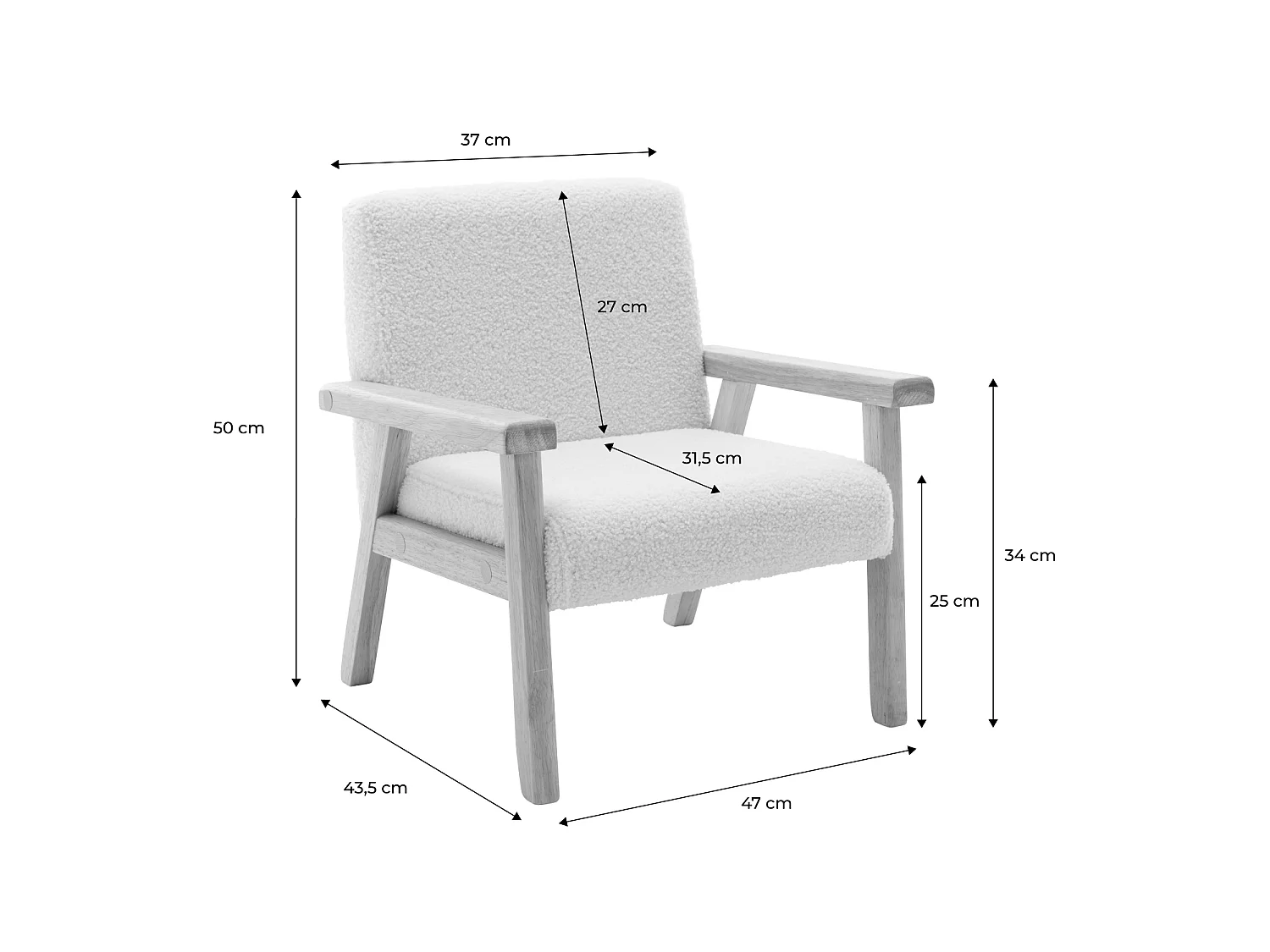 Poltrona scandinava per bambini in tessuto bouclé e legno di hevea,