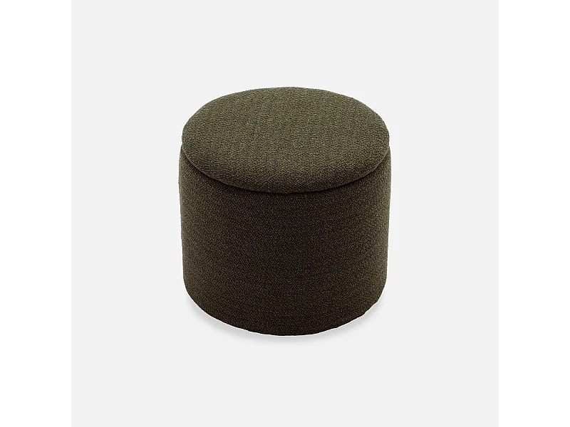 Pouf kaki foncé en tissu avec rangement pour coussins ou plaids