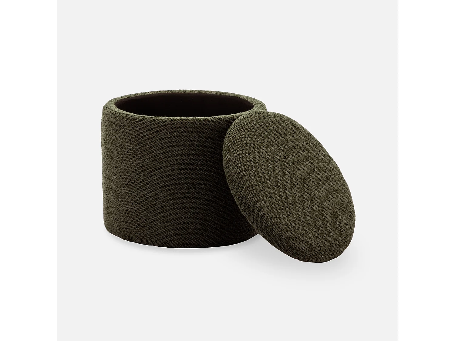 Pouf kaki foncé en tissu avec rangement pour coussins ou plaids