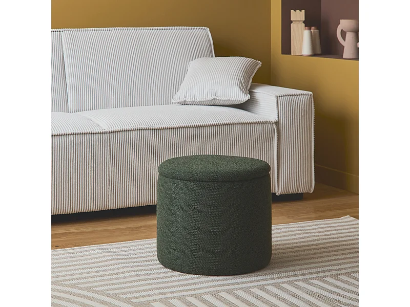 Pouf kaki foncé en tissu avec rangement pour coussins ou plaids