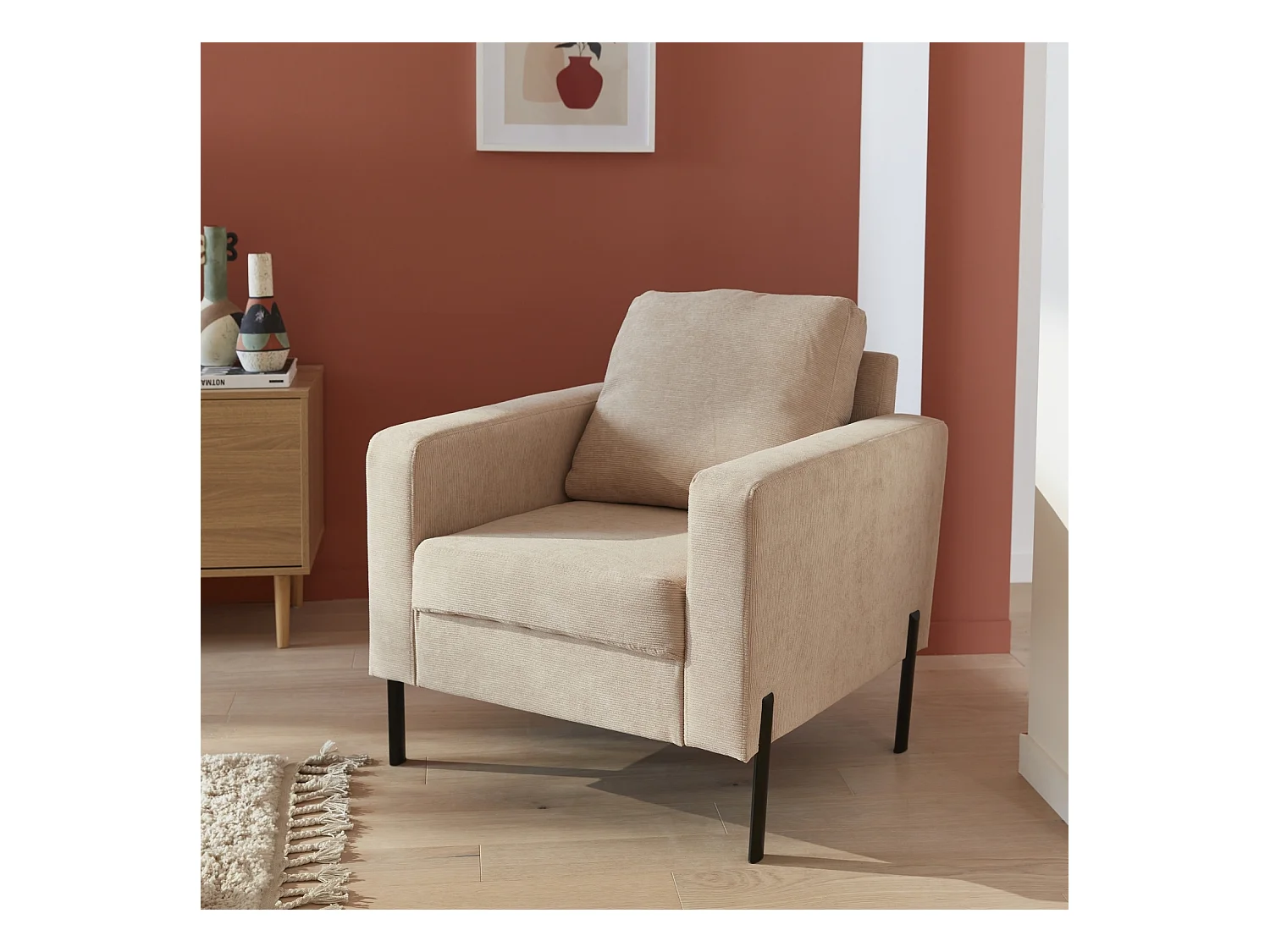 Fauteuil en velours côtelé beige - Bjorn - Canapé 1 place fixe droit pieds métal