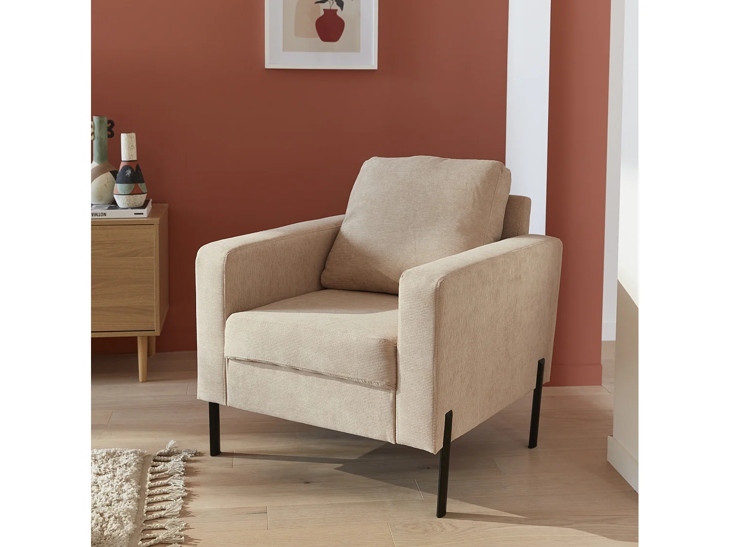 Fauteuil en velours côtelé beige - Bjorn - Canapé 1 place fixe droit pieds métal