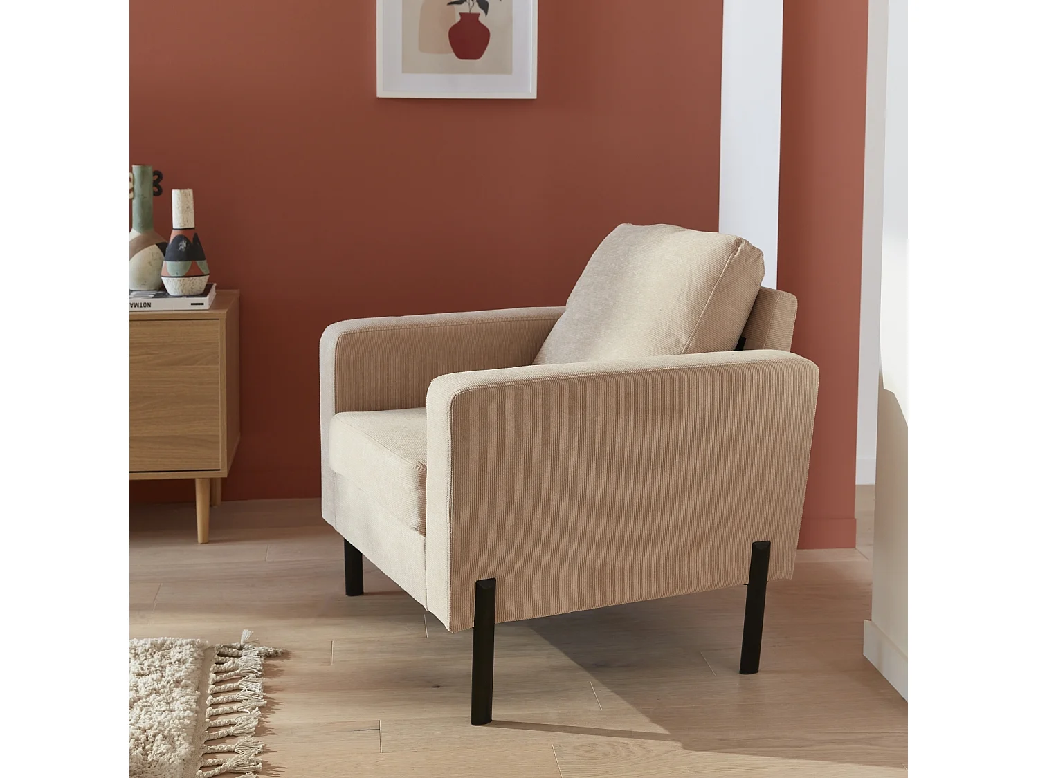 Fauteuil en velours côtelé beige - Bjorn - Canapé 1 place fixe droit pieds métal
