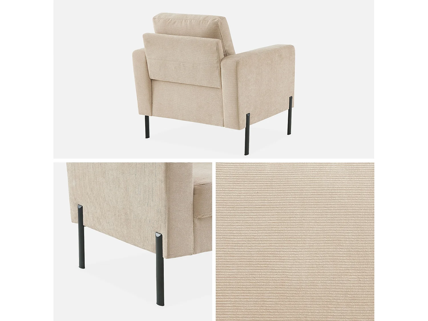 Fauteuil en velours côtelé beige - Bjorn - Canapé 1 place fixe droit pieds métal