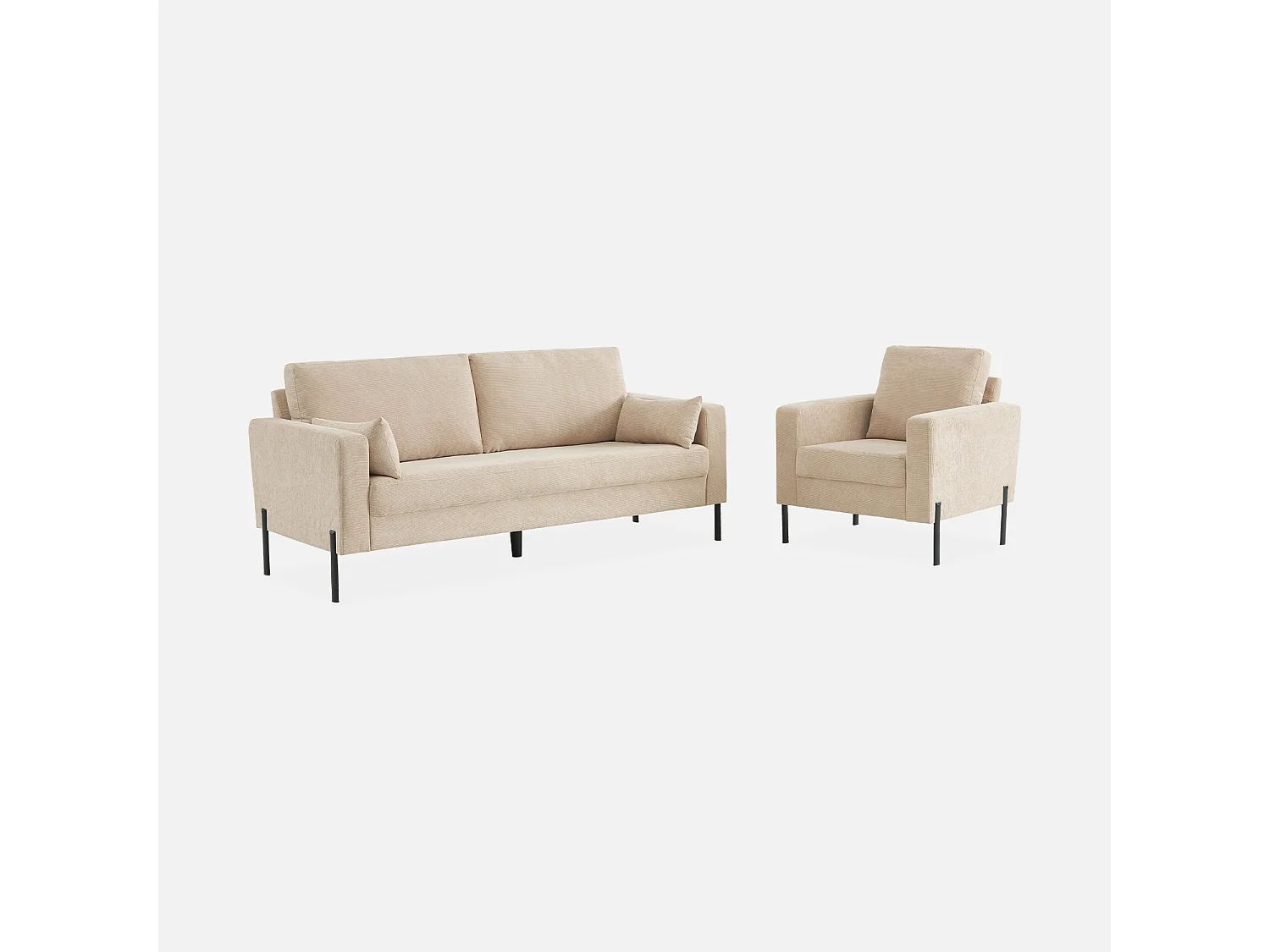 Fauteuil en velours côtelé beige - Bjorn - Canapé 1 place fixe droit pieds métal