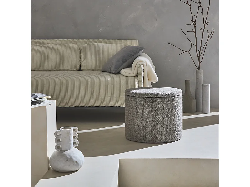 Pouf taupe en tissu avec rangement pour coussins ou plaids