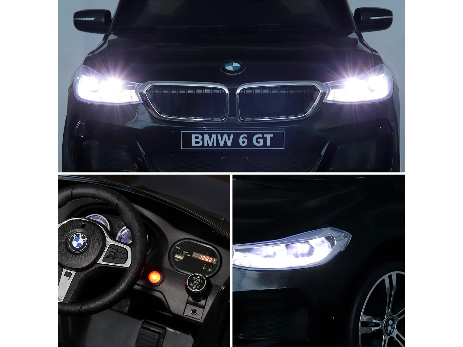 BMW Série 6 GT noire. voiture électrique pour enfants 12V 4 Ah. 1 place. avec autoradio et télécommande