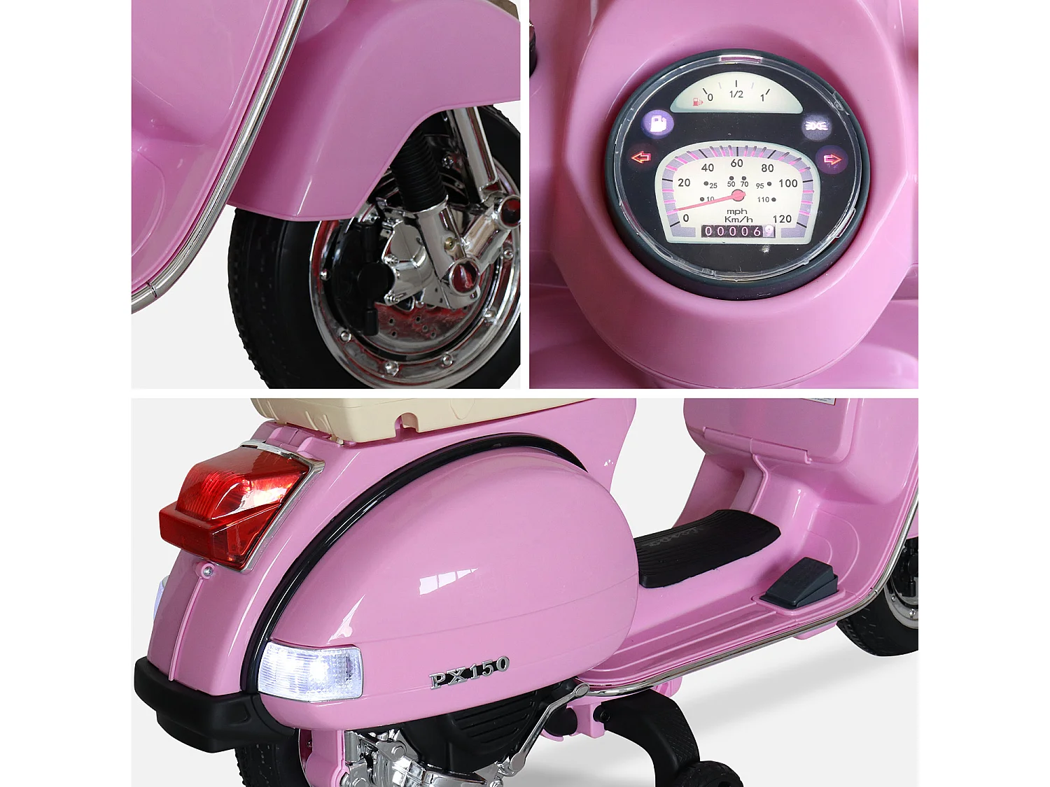 Vespa rose PX150. scooter électrique pour enfants 12V 4.5Ah. 1 place avec autoradio
