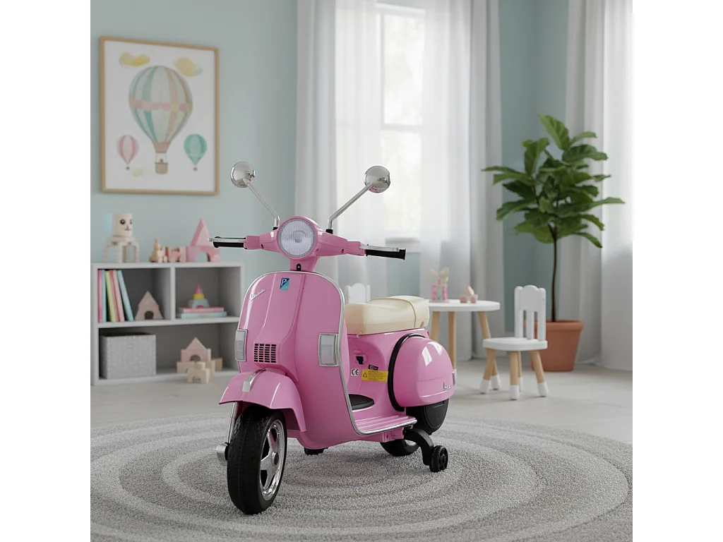 Vespa rose PX150. scooter électrique pour enfants 12V 4.5Ah. 1 place avec autoradio