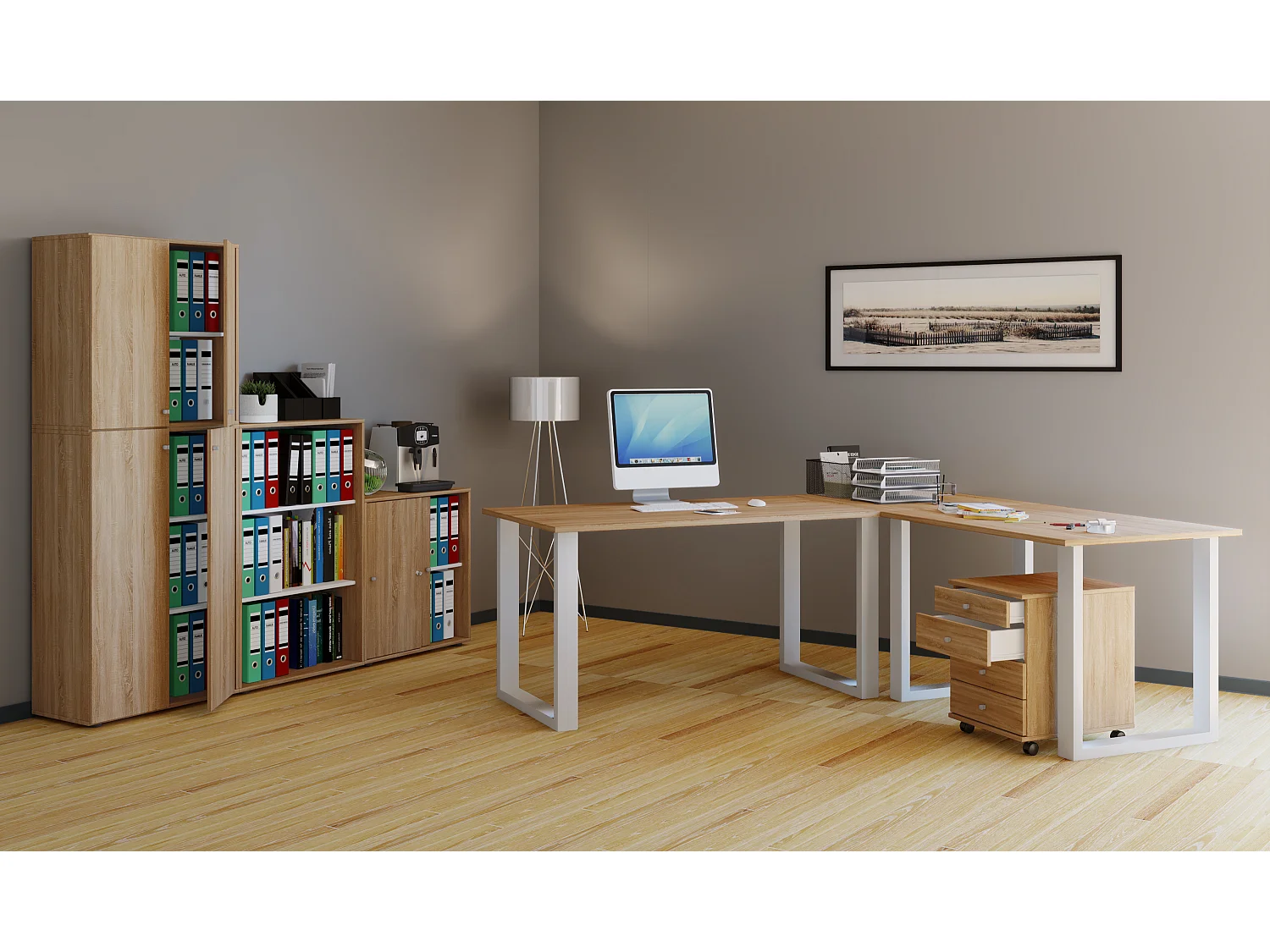 Desk Lona White / Sonoma oak H. 76 x W. 160 x D. 160 cm
