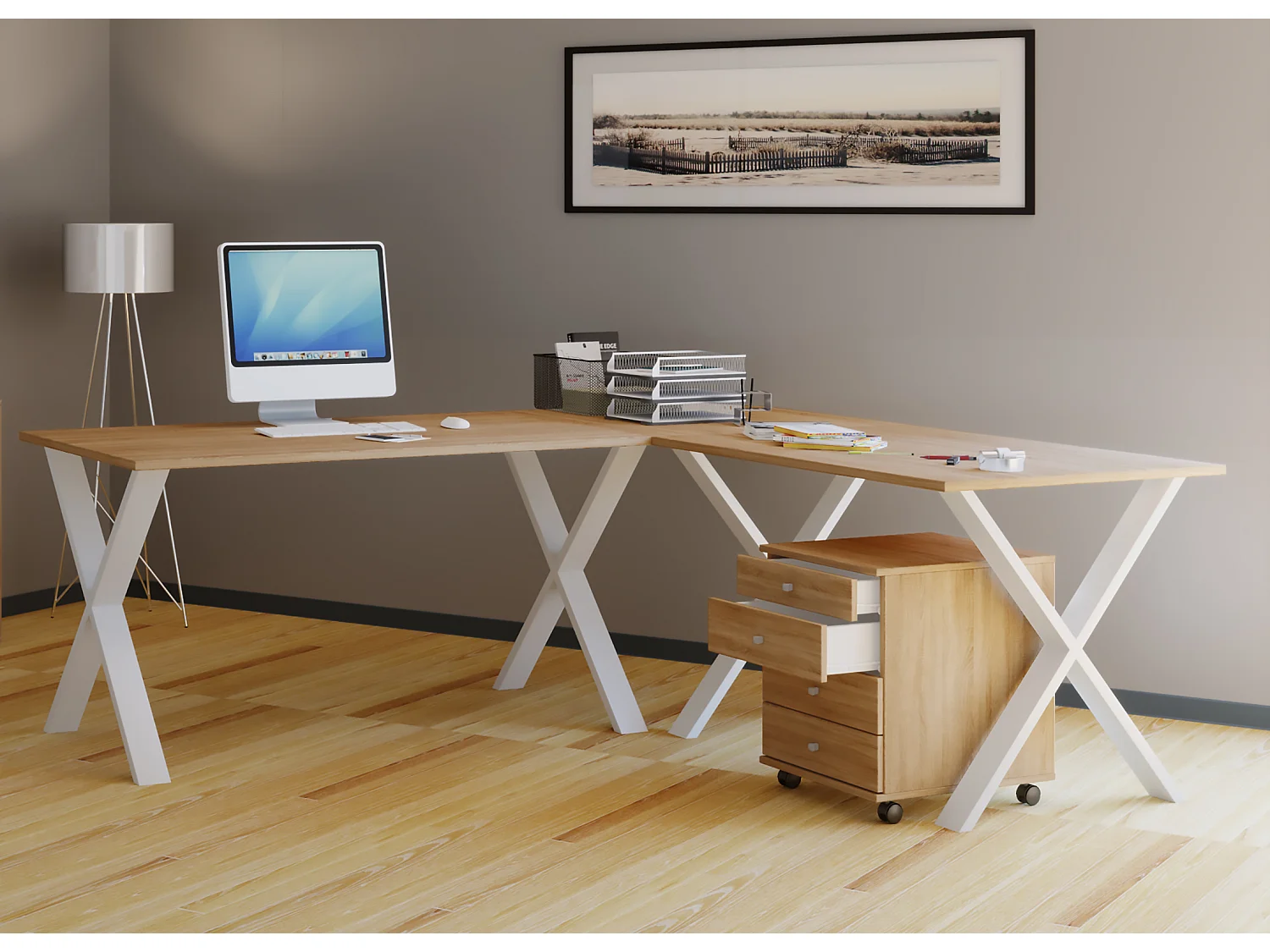 Desk Lona White / Sonoma oak H. 76 x W. 220 x D. 190 cm