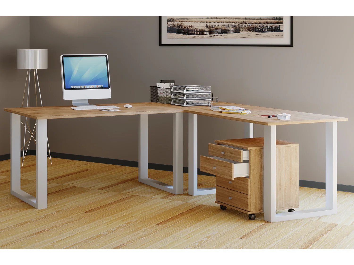 Desk Lona White / Sonoma oak H. 76 x W. 220 x D. 190 cm