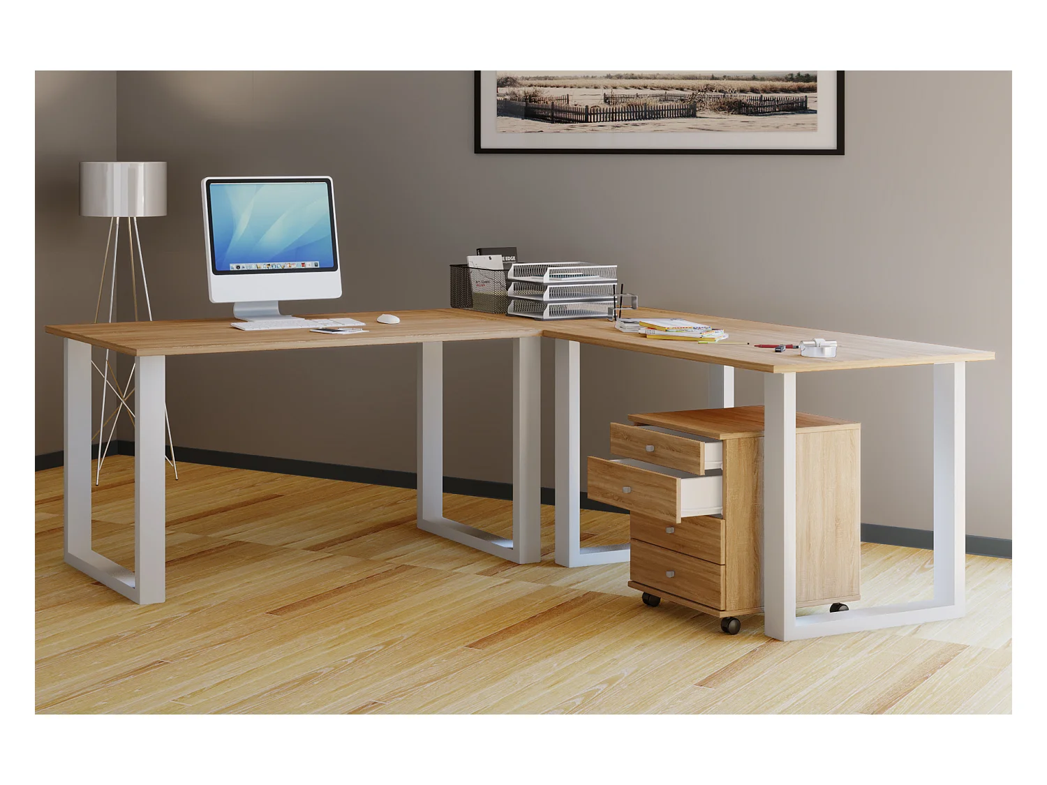 Desk Lona White / Sonoma oak H. 76 x W. 190 x D. 190 cm