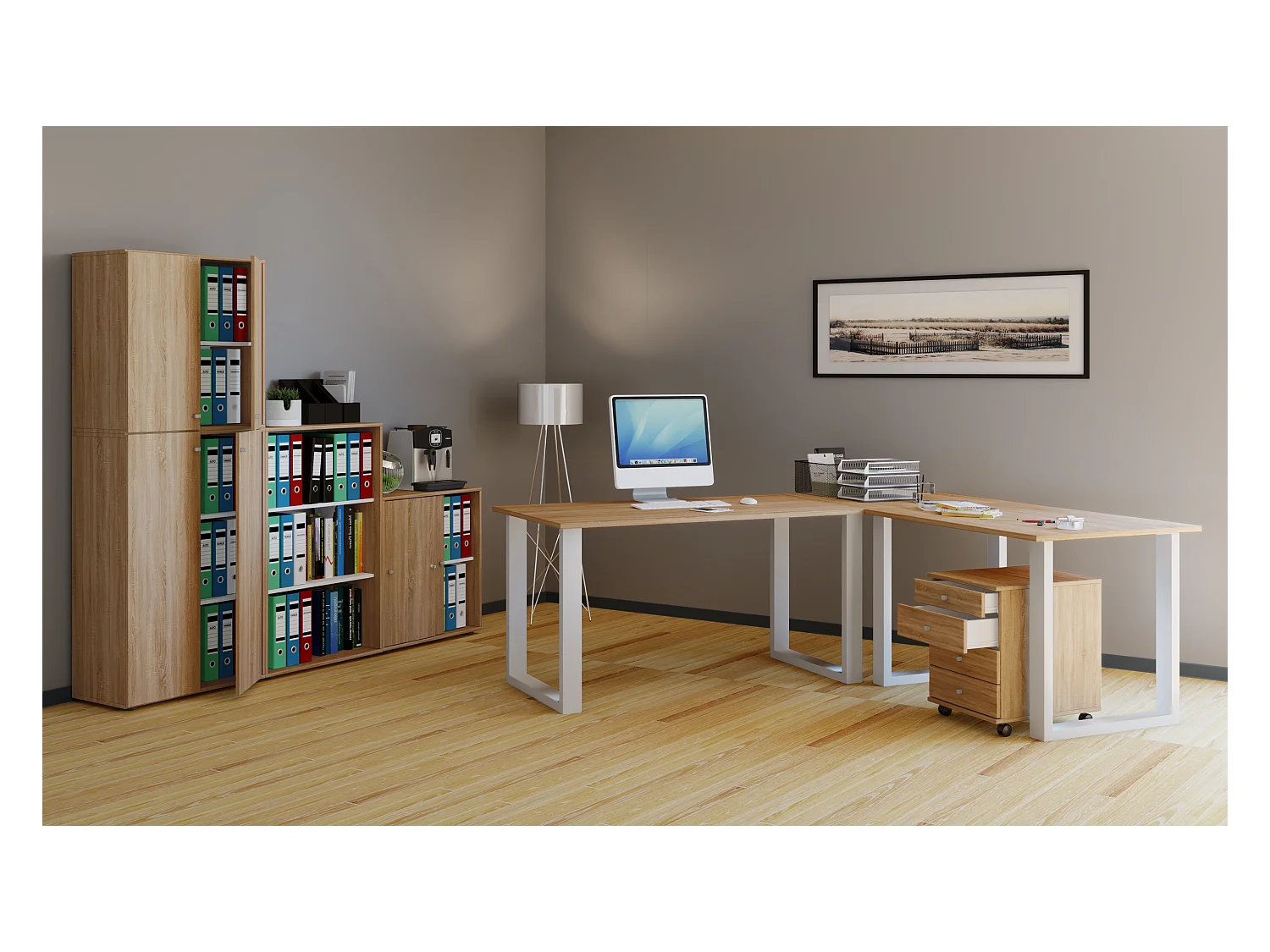 Desk Lona White / Sonoma oak H. 76 x W. 220 x D. 160 cm