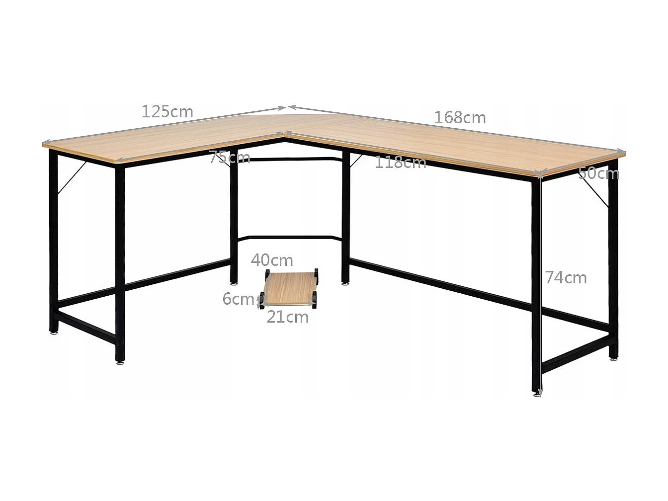 L-Form Computertisch PC Eckschreibtisch Winkelschreibtisch Schwarz/Natur 168 x 125 x 74 cm-Natur