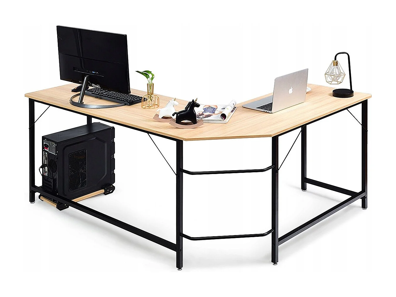 L-Form Computertisch PC Eckschreibtisch Winkelschreibtisch Schwarz/Natur 168 x 125 x 74 cm-Natur