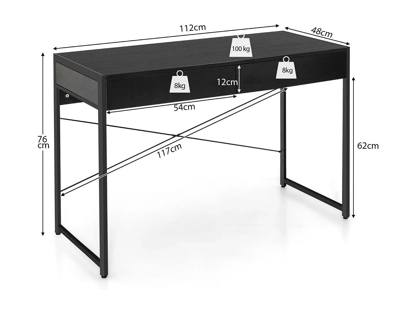 Schreibtisch Computertisch Bürotisch PC Tisch Arbeitstisch mit 2 Schubladen Schwarz
