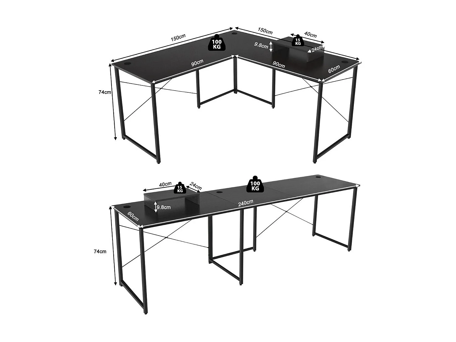 Bureau d'Angle 150 x 150 x 74 CM Ajustable à Bureau Droit Grand Table pour 2 Personnes Noir