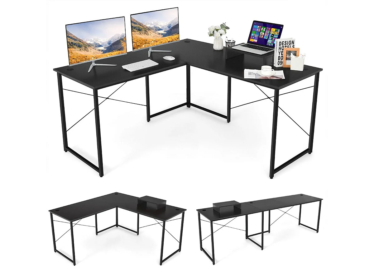 Bureau d'Angle 150 x 150 x 74 CM Ajustable à Bureau Droit Grand Table pour 2 Personnes Noir