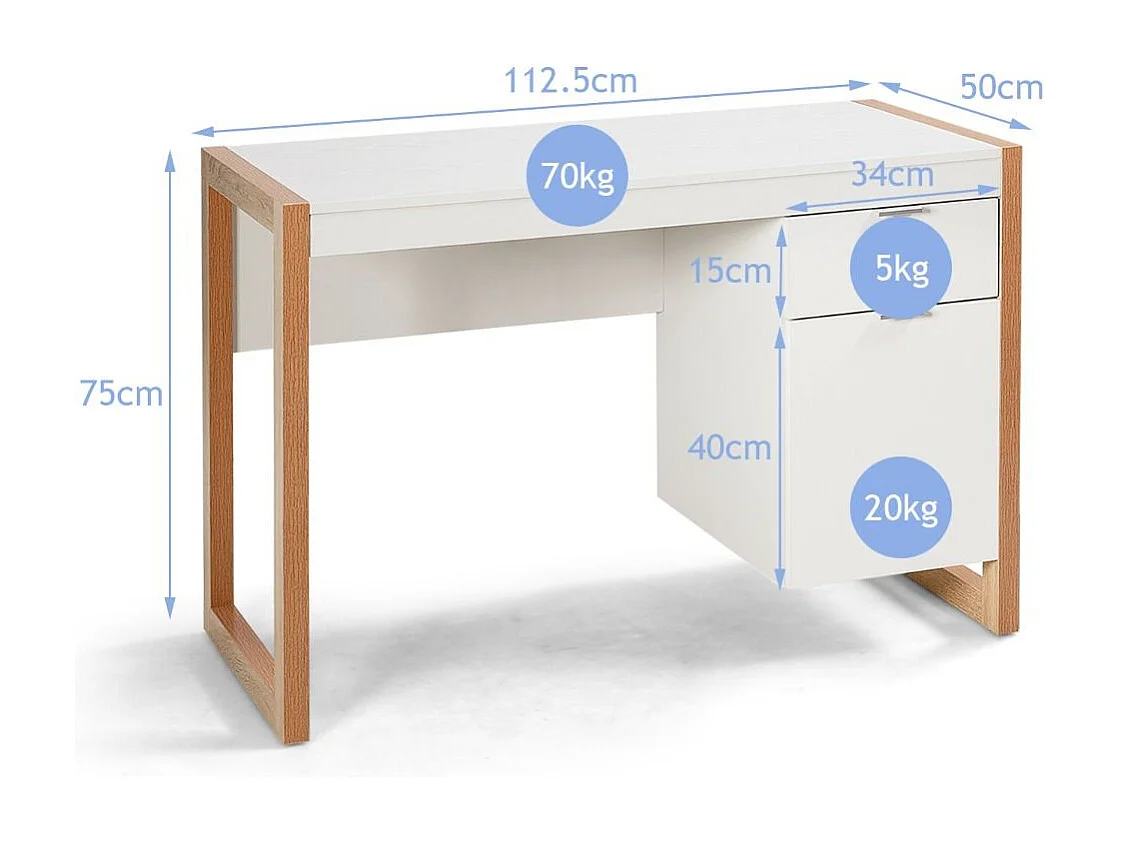 Bureau Informatique Style Moderne 112,5 x 50 x 75 CM 2 Tiroirs Table d'Etude pour Chambre de Bureau à Domicile en MDF