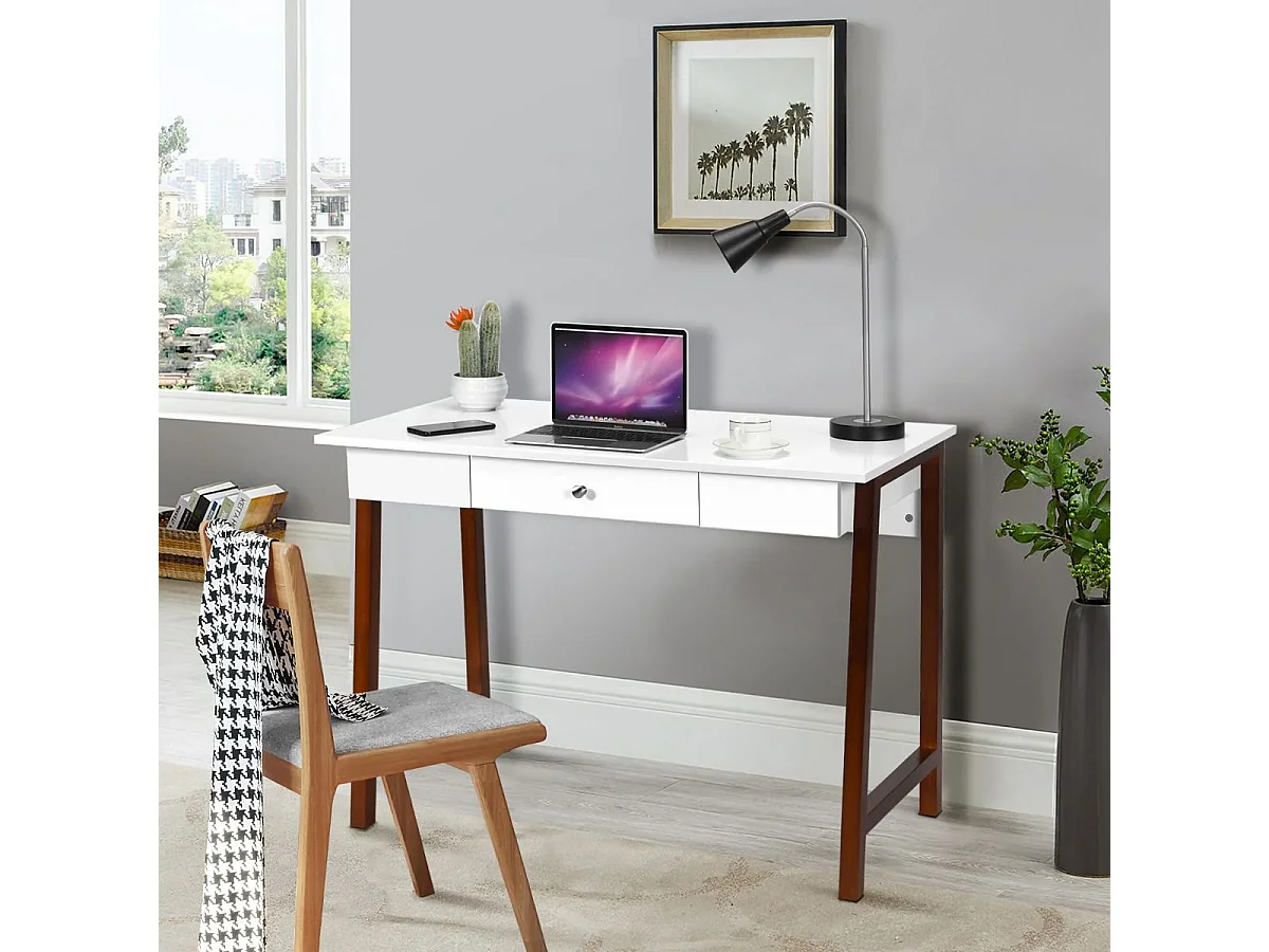 2 en 1 Bureau Informatique Table Coiffeuse en Bois avec Grand Plan de Travail 106,5x50x75,5CM Marron