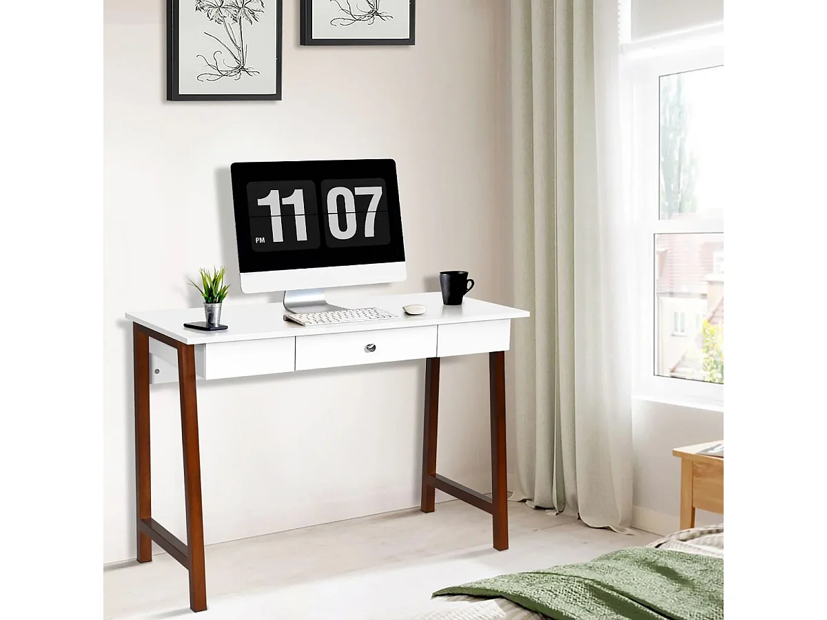 2 en 1 Bureau Informatique Table Coiffeuse en Bois avec Grand Plan de Travail 106,5x50x75,5CM Marron