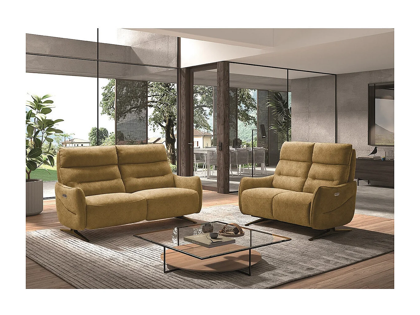 LISBOA - Canapé Relax Electrique 2 Places Tissu Jaune Pieds Métal