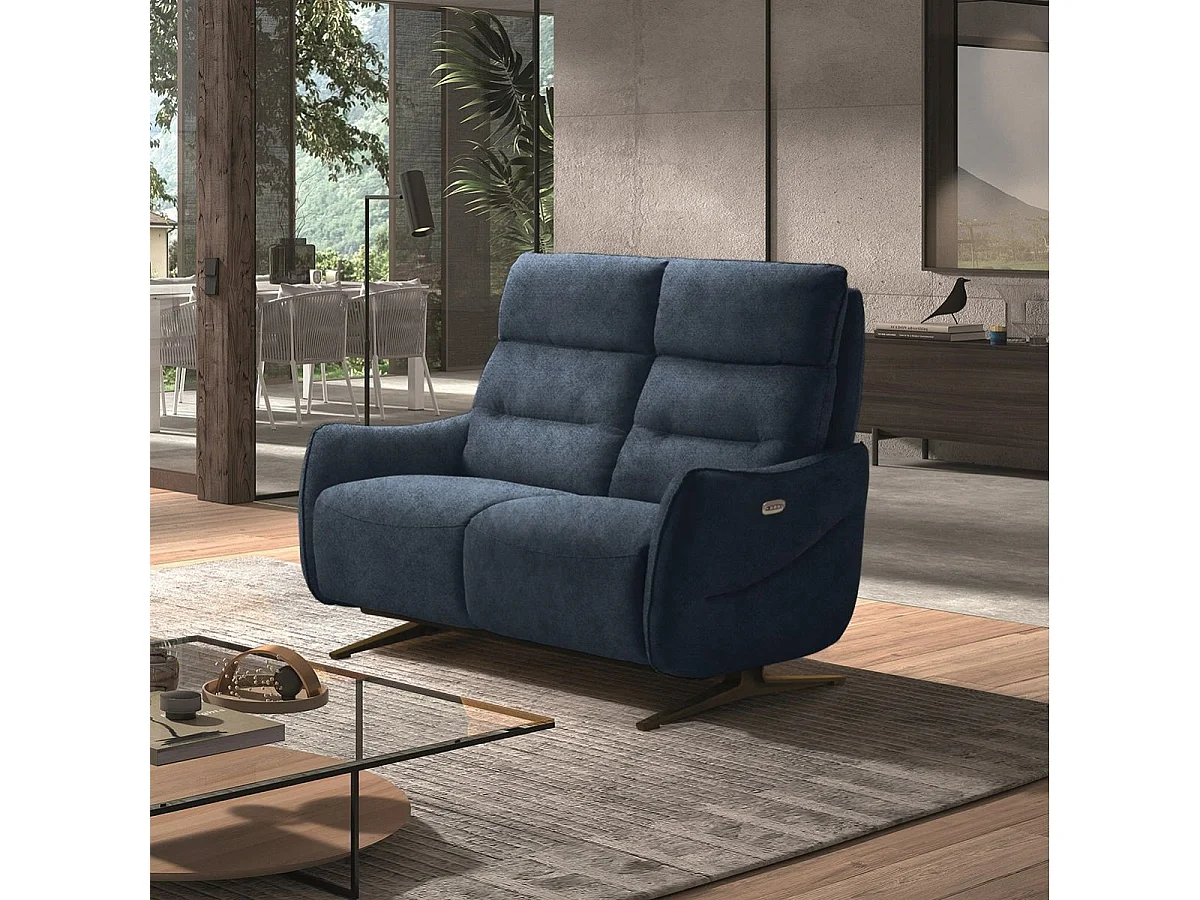 LISBOA - Canapé Relax Electrique 2 Places Tissu Bleu Pieds Métal