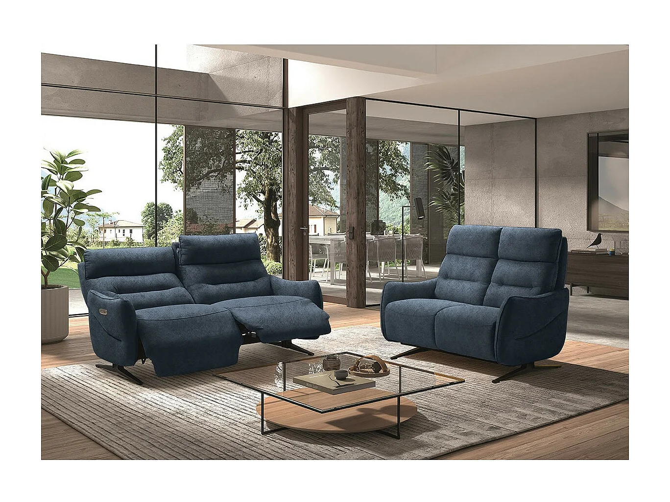 LISBOA - Canapé Relax Electrique 3 Places Tissu Bleu Pieds Métal