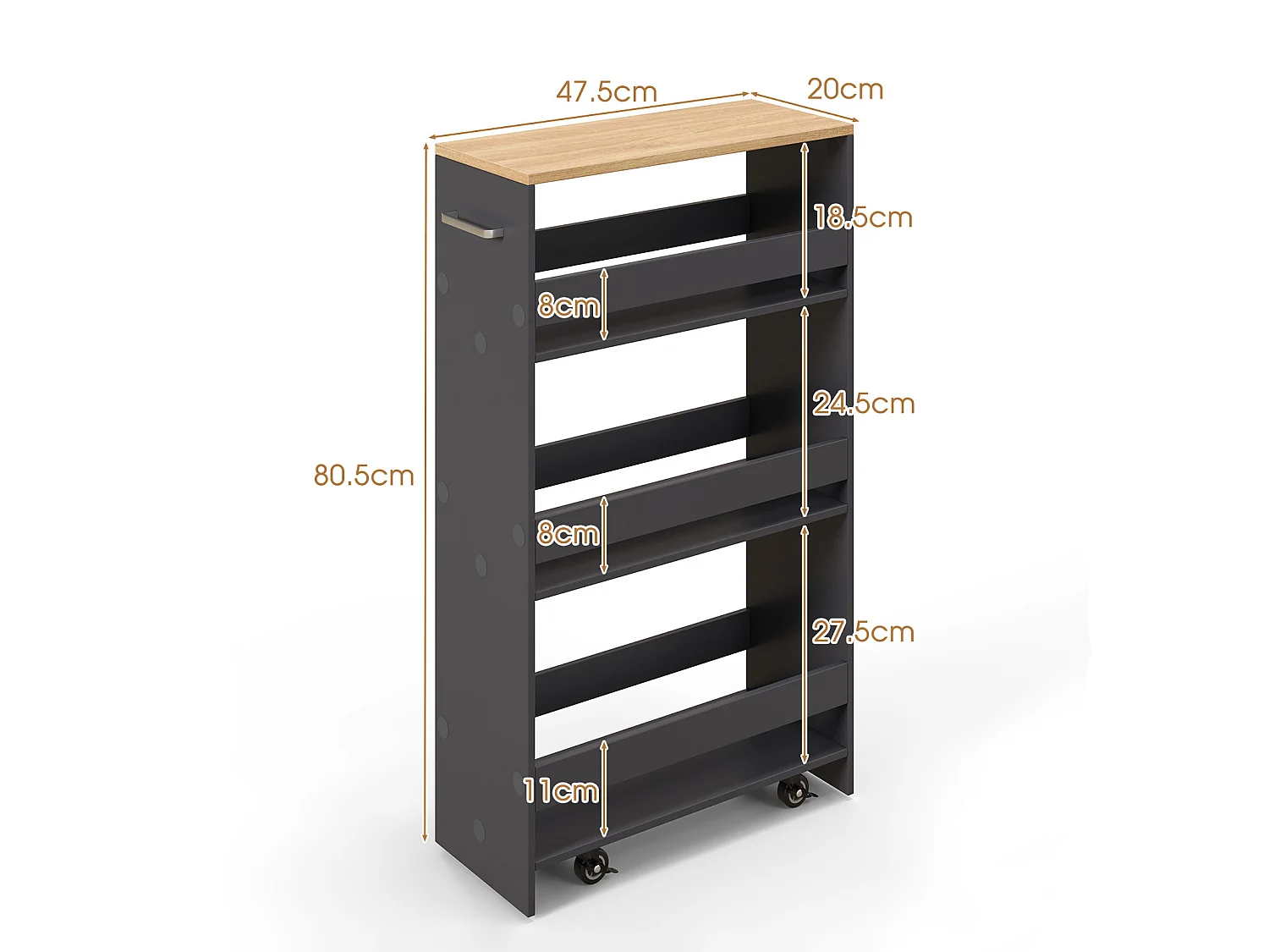 Étagère étroite sur roulettes 47,5 x 20 x 80,5 cm