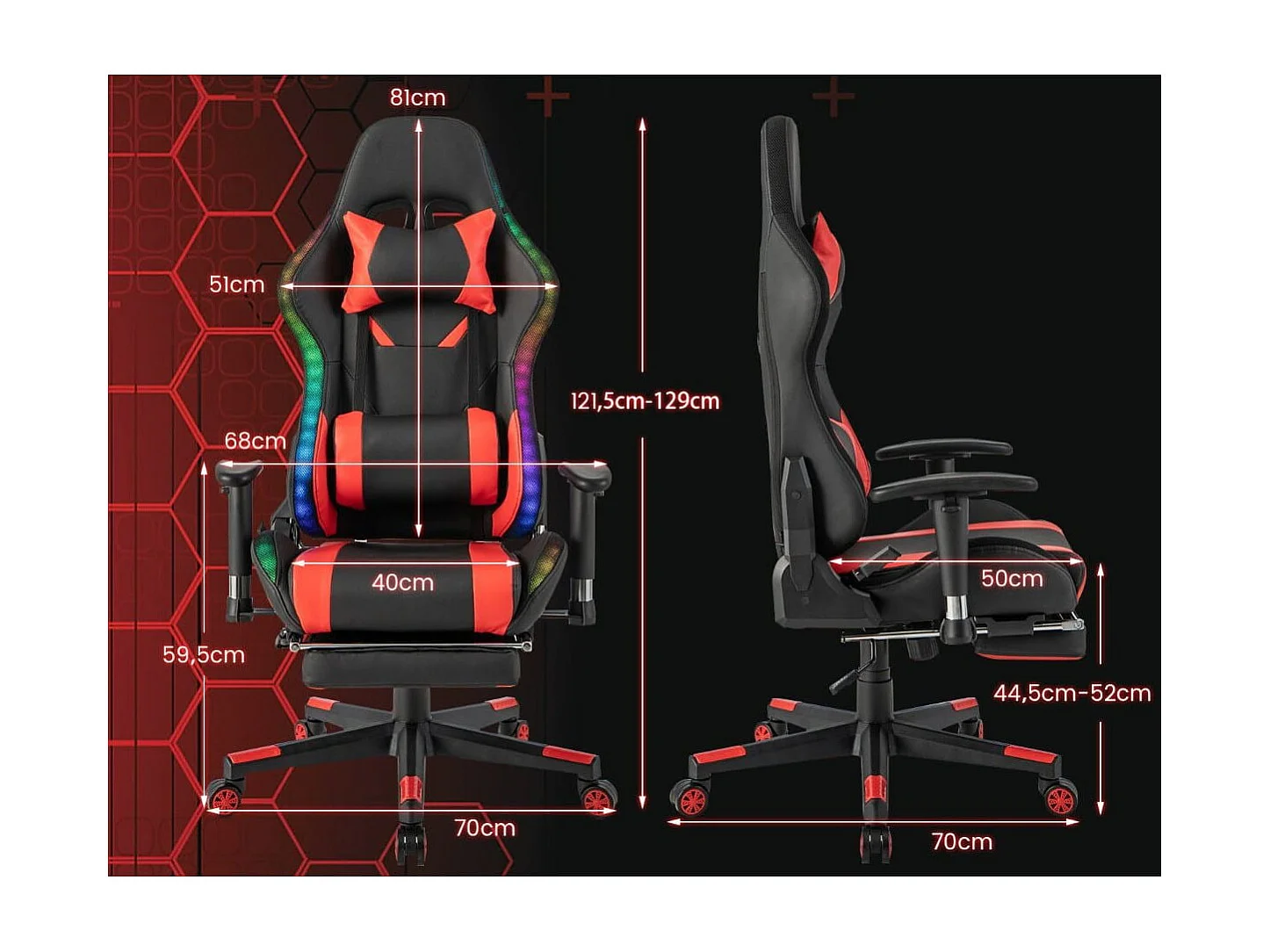 Gaming Stuhl mit RGB-LED-Leuchten & Einziehbarer Fußstütze Ergonomischer Bürostuhl Rot