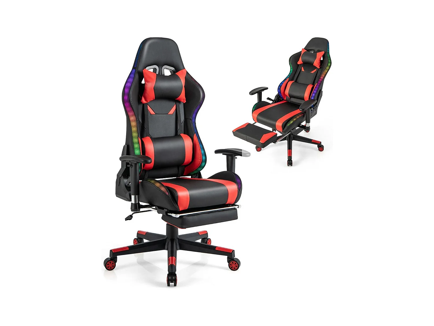 Gaming Stuhl mit RGB-LED-Leuchten & Einziehbarer Fußstütze Ergonomischer Bürostuhl Rot