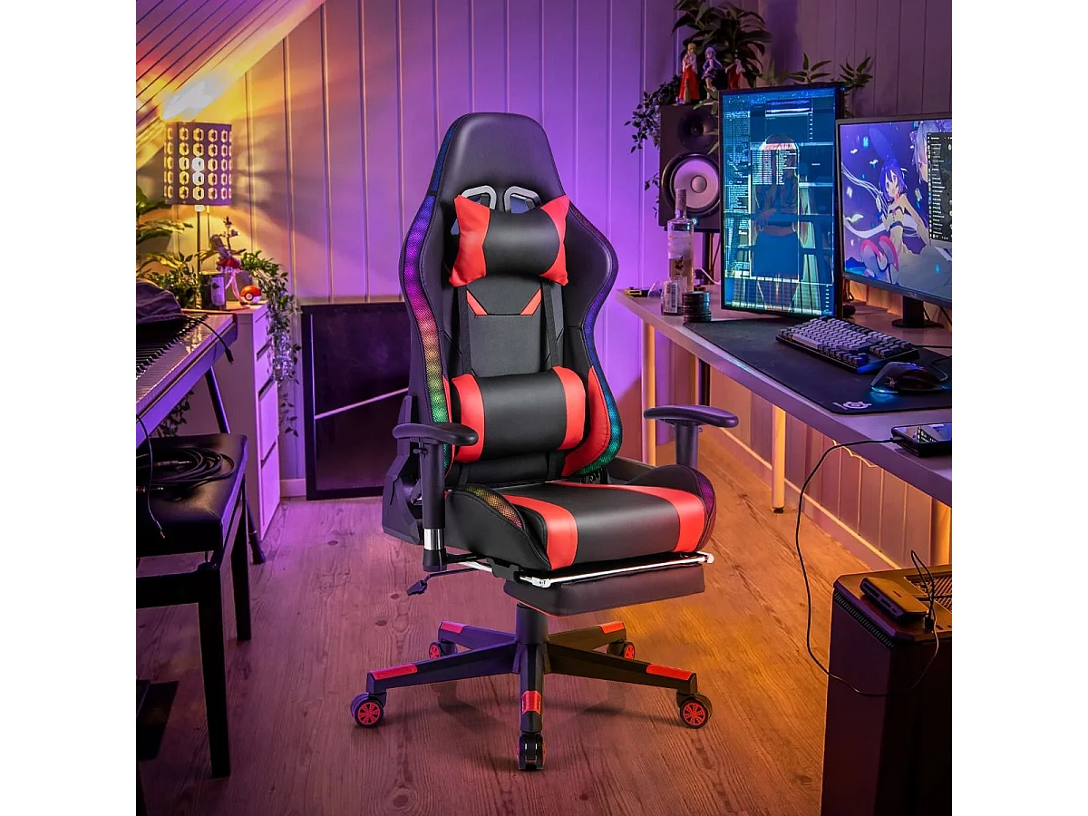 Gaming Stuhl mit RGB-LED-Leuchten & Einziehbarer Fußstütze Ergonomischer Bürostuhl Rot