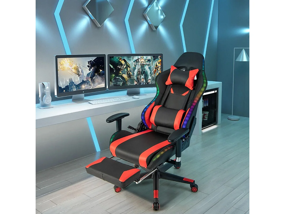 Gaming Stuhl mit RGB-LED-Leuchten & Einziehbarer Fußstütze Ergonomischer Bürostuhl Rot