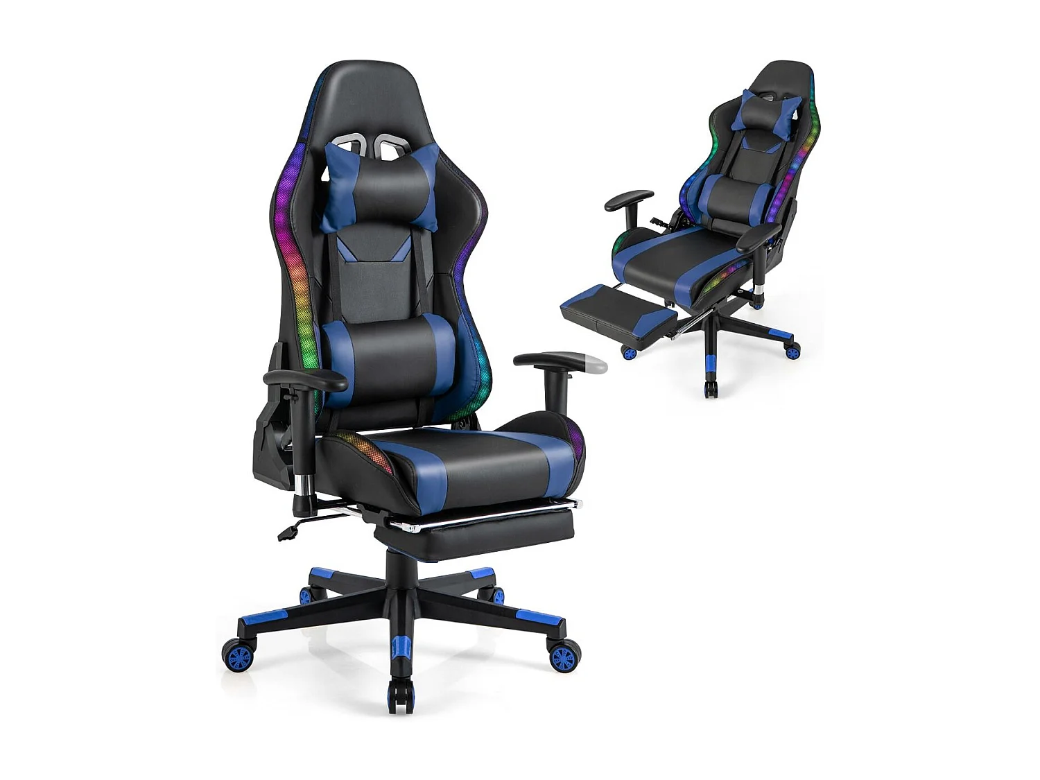 Gaming Stuhl mit RGB-LED-Leuchten & Einziehbarer Fußstütze Ergonomischer Bürostuhl Blau