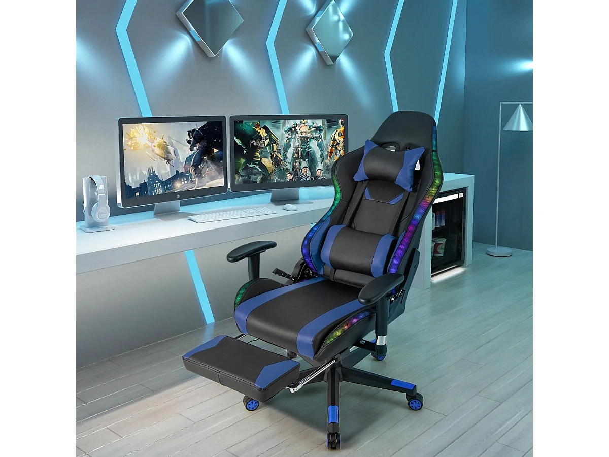 Gaming Stuhl mit RGB-LED-Leuchten & Einziehbarer Fußstütze Ergonomischer Bürostuhl Blau